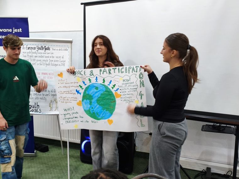 Three participants presenting a hand-drawn poster about the EU Youth Goals at a workshop